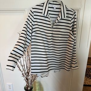 J.Jill hi-lo popover, roll-tab sleeve, white, navy stripes